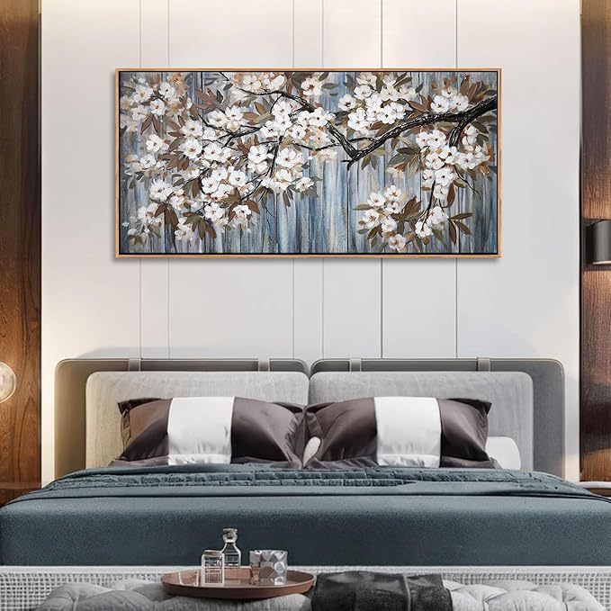 Large Canvas Framed Wall Art White Flowers Modern Canvas Wall Pictures for Living Room, Bedroom Family Wall Decor Decoration, Size 24x48 Wall Art(With Soild Wood Dark Framed)