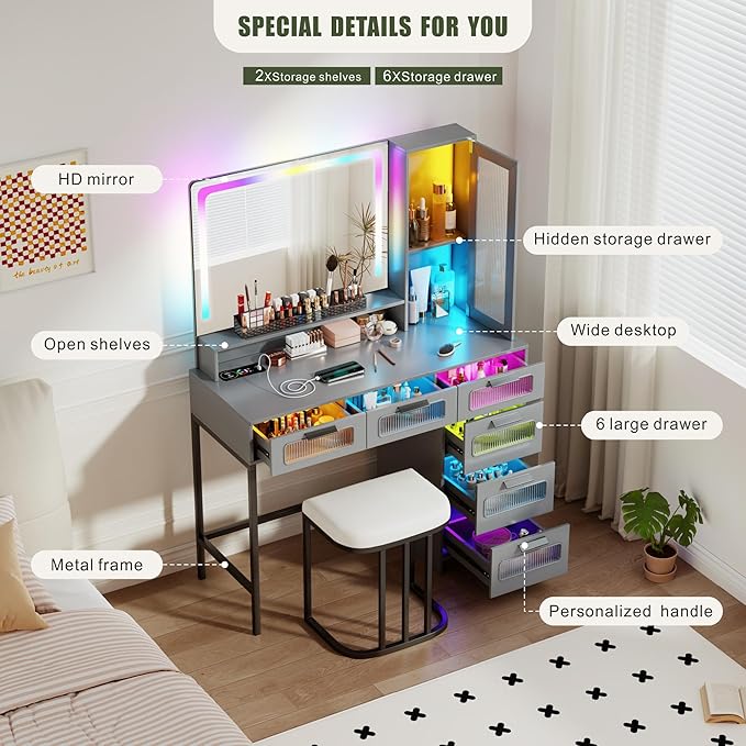 Vanity Desk with Mirror and RGB Lights, Makeup Vanity Desk with Wireless Charging Station,Large Dressing Table Set with Stool,LED Vanity Table with 6 Drawers/Cabinet/Shelves for Bedroom, Grey