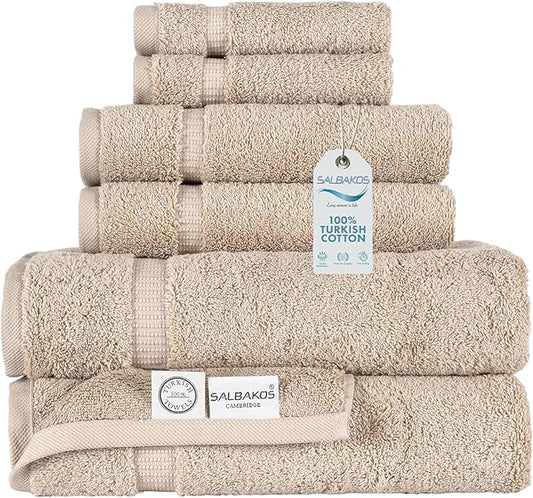 SALBAKOS 100% Turkish Cotton 6-Piece Towel Set | Heirloom Quality Hotel & Spa Collection | Soft, Super Absorbent 2 Washcloth, 2 Hand, 2 Bath Towel Sets | Made in Turkey (Taupe, 6 Piece Towel Set)