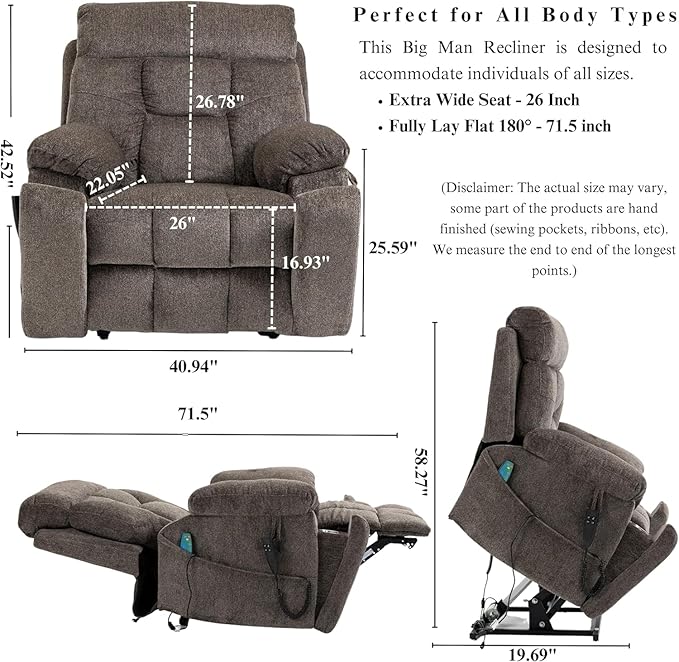 Dual Motor Lay Flat Lift Chairs Recliners - Extra Wide Big Man Recliner with Heat & Massage - Hidden Cup Holder - 400 lbs Capacity
