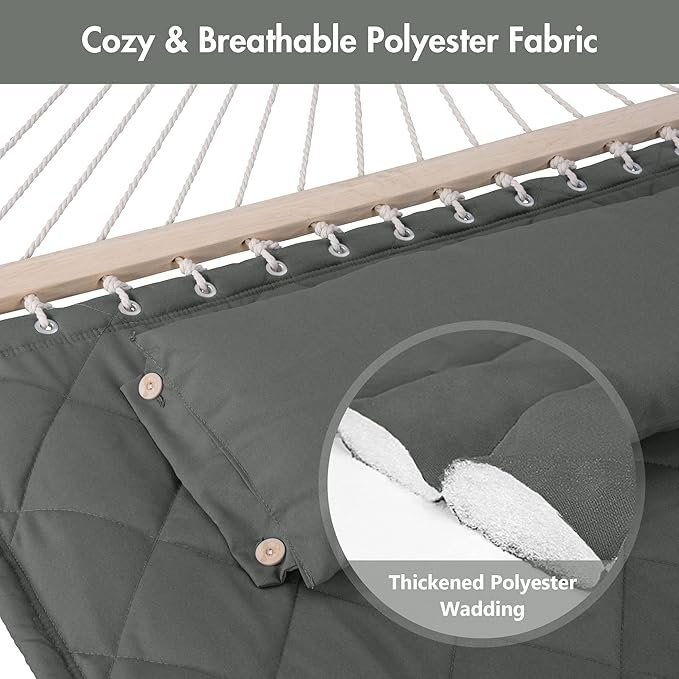 ANOW 2 Person Hammock with Spreader Bars and Detachable Pillow, Quilted Hammock for Outdoors Indoors, 450 LBS Weight Capacity, Gray