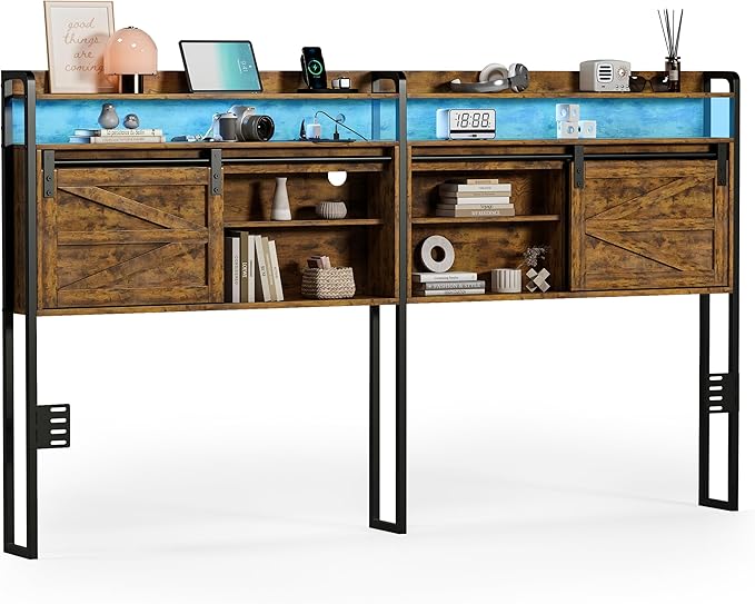 wanan Headboard King Size with Storage, 3 Tier Size Headboard only with Outlets, USB Ports and LED Light Strip, Headboards with Sliding Barn Doors, Adjustable Shelf (Brown, King (U.S. Standard))