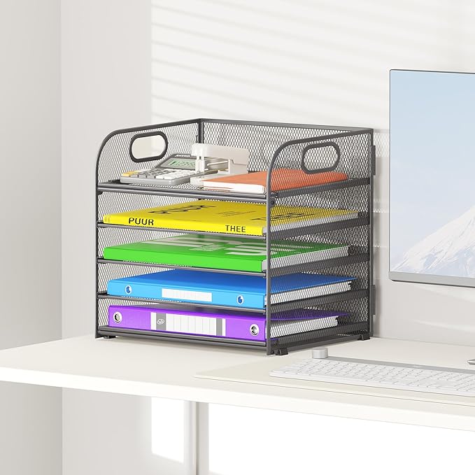 5 Tier Paper Organizer with Handle, Metal Mesh Desk Organizer File Folder Paper Letter Tray Desktop Document Sorter for Classroom, School, Office Accessories Organization and Storage - Grey