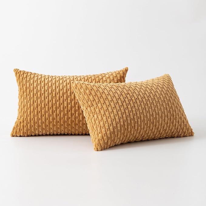 Kevin Textile Throw Pillow Covers Soft Corduroy Decorative Set of 2 Boho Striped Pillow Covers Pillowcases Farmhouse Home Decor for Couch Bed Sofa Living Room 12x20 Inch Gold