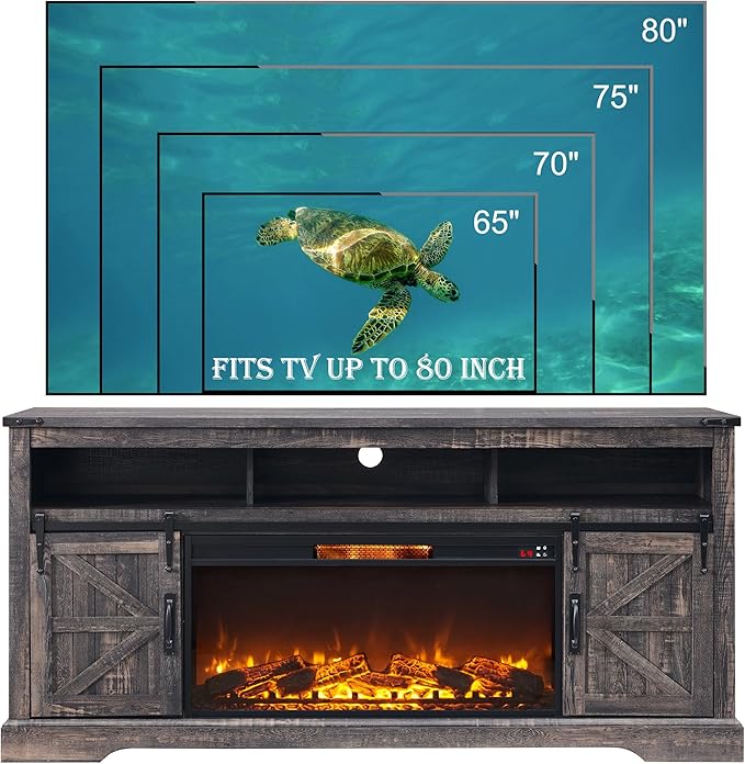 OKD Fireplace TV Stand for 80 Inch TV, 33" Tall Highboy Farmhouse Entertainment Center w/ 36'' Electric Fireplace, Rustic Media Console w/Sliding Barn Door for Living Room, Dark Rustic Oak