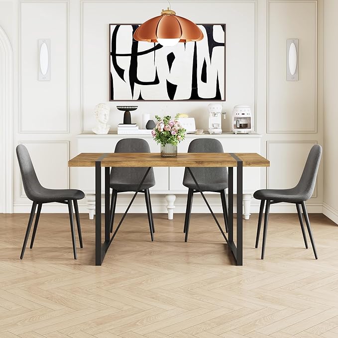 Rustic 5 Piece Dining Room Table Set for 4 People, Mid Century Modern 55 Inch Rectangle Wood Kitchen Dining Table with 4 Fabric Chairs Set, Suitable for Kitchen Dining Room