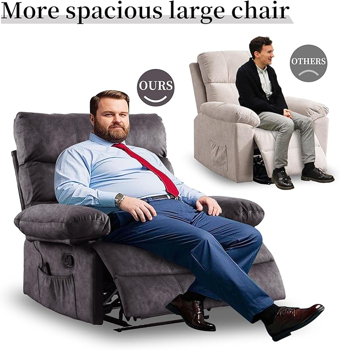 Oversized Recliner Chair Extra Wide Large Recliner for Adults 350lbs with Lumbar Support Pillow Nursery Chair Living Room (Manual, GREY-6002)