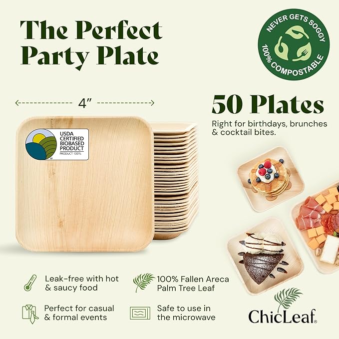 Chic Leaf Compostable & Biodegradable Palm Leaf Disposable Bamboo Plates - Disposable Party Plates for Appetizers, Christmas Dinner, Holiday Meal, Turkey - Party Supplies (4'' - 50 Pack)