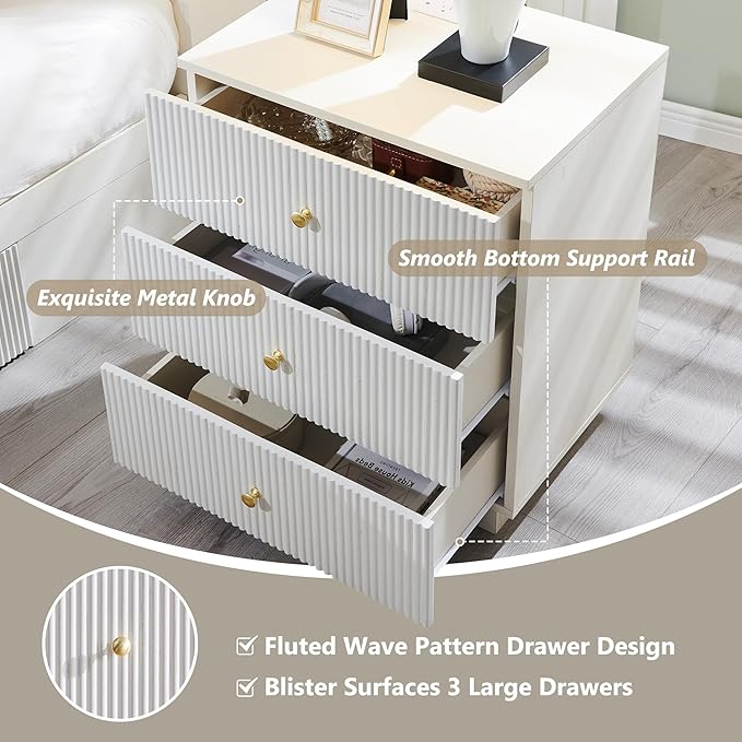 21.65" Night Stand with Charging Station, Fluted Nightstand with Drawer, 3 Drawer Dresser for Bedroom, Modern End Table Bedside Table Chests of Drawers for Bedroom, Living Room, Antique White