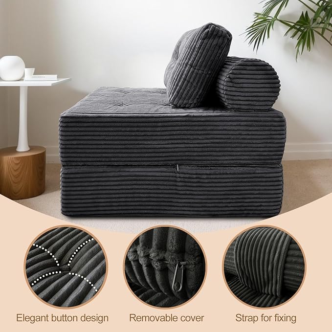 Comfy Foldable Sleeper Chair with Pillow, Supportive Memory Foam, Plush Corduroy Fabric, Cozy Floor Couch, Versatile Convertible Mattress for Bedroom/Living Room/Guest/Office, Dark Grey