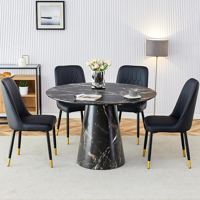 45 Inch Round Dining Table Set for 4, 5 Piece Kitchen Table and Chairs Set, Black Faux Marble Table Top, Small Space Dining Set for Apartment or Dining Room