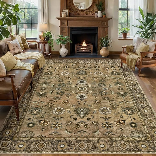 Tangsoo 6x9 Area Rug for Living Room, Washable Floral Vintage Rug Indoor Non Slip Large Area Rugs, Print Distressed Brown Carpet, Soft Low Pile Foldable Floor for Bedroom Dining Room