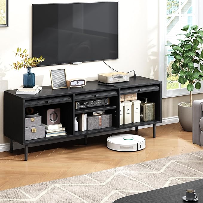 59 Inch TV Stand for TVs up to 65 Inch, Entertainment Center with Power Outlet, Mid-Century Modern TV Console with Storage, Adjustable Shelf & Sliding Doors, TV Stand for Living Room, Black