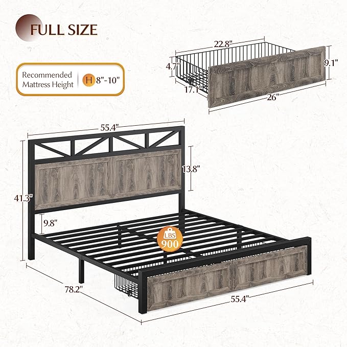 EnHomee Full Size Bed Frame with 2 Storage Drawers and Headboard Full Bed Frame with Built in Charging Station & LED Light,NO Noise,No Box Spring Needed,Light Grey