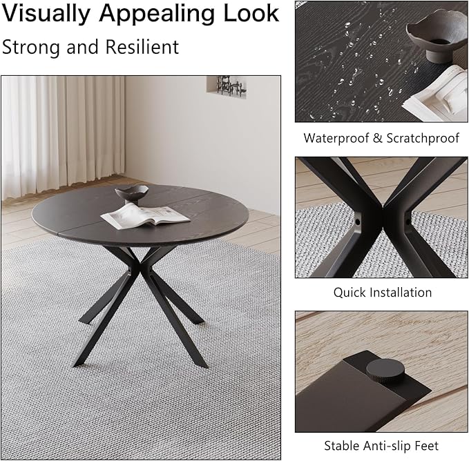 46.4" Round Dining Table Set with 4 Chairs, Modern Dining Set with Comfortable PU Leather Chairs, Sturdy MDF Table with X-Shaped Base, Easy Assembly, Ideal for Dining Room or Kitchen