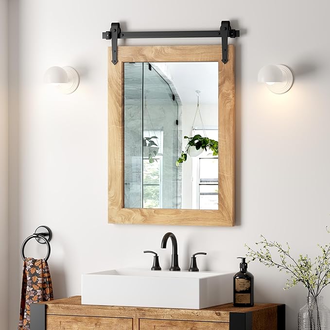 Farmhouse Bathroom Mirror 18" x 24" Rustic Wood Framed Wall Barn Door Mirror for Bathroom, Living Room, Bedroom Wall Decor (Brown)