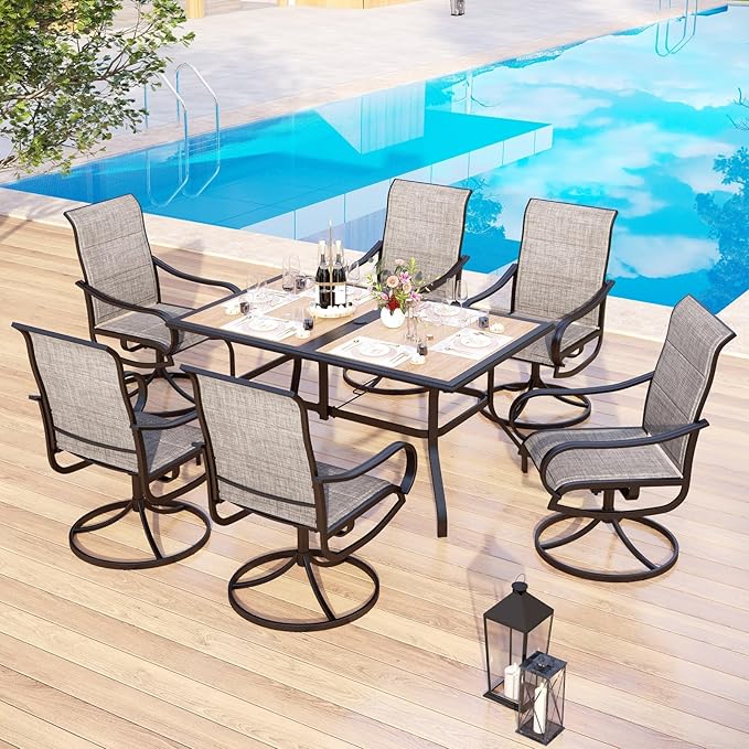 MFSTUDIO Patio Dining Set for 6, Patio Table and Chairs Set of 6 with Umbrella Hole, Outdoor Dining Set for Deck/Yard/Garden/Poolside