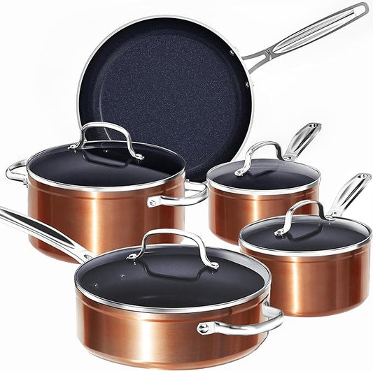 Nuwave 9pc Cookware Set Healthy Duralon Blue Ceramic Nonstick Coated, Diamond Infused Scratch-Resistant, PFAS Free, Oven Safe, Induction Ready & Evenly Heats, Tempered Glass Lids & Stay-Cool Handle
