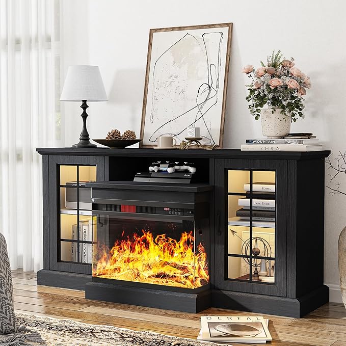 oneinmil Fireplace TV Stand with 3-Sided Glass, TV Cabinet for TVs up to 65", 59'' Modern Media Entertainment Center with Farmhouse Glass Door Storage Cabinets, for Living Room, Black