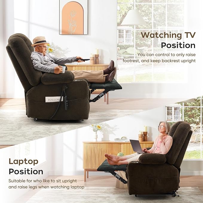 Large Dual Motor Lay Flat Power Lift Massage Recliner Chair Set of 2, Lift Chairs Recliner with Lumbar Pillow, Cup Holder for Elderly with Heat for Living Room - Brown