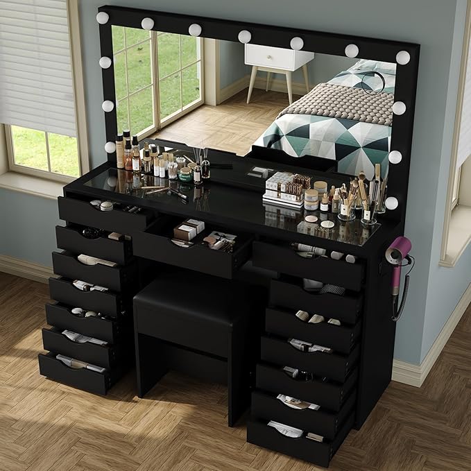 15 Drawers Vanity Desk with Power Outlet, Makeup Table with Mirror and 13 LED Lights, 3 Color Lighting Modes, Brightness Adjustable, Glass Top Dressing Table, Vanity Set for Bedroom, Black