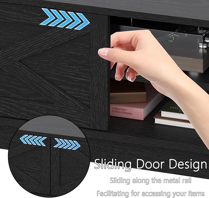 TV Stand for 55/60/65 Inch TV, Farmhouse Entertainment Center with Shelves, Cabinets and Sliding Doors, Rustic TV Media Console Table with Solid Wood Feet & Cord Holes for Living Room, Bedroom, Black