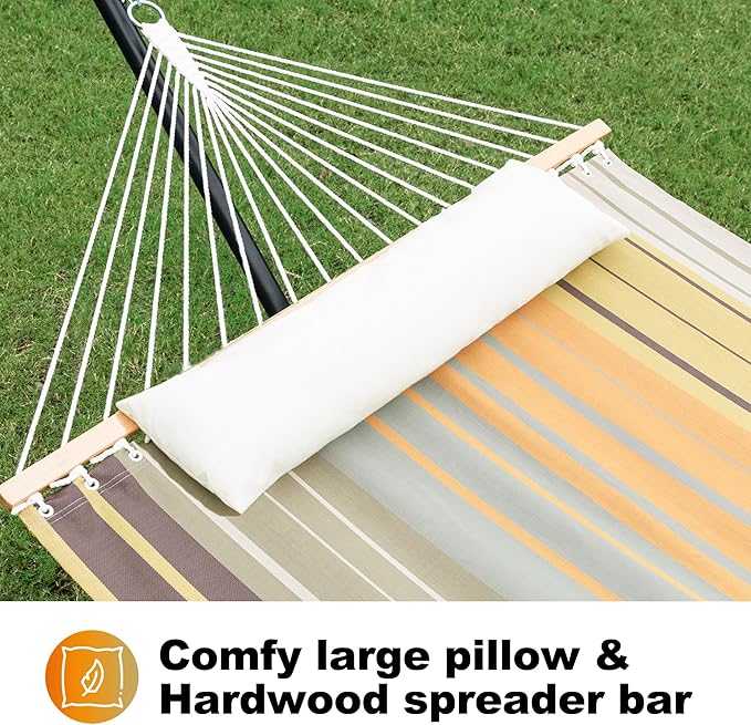 Waterproof Double Hammock with Stand for Outside Heavy Duty, 2 Person 55'' Large Quick Dry Textilene Hammocks with Hardwood Spreader Bar, Pillow, Pockets, for Outdoor, 475lbs Capacity (Coffee)