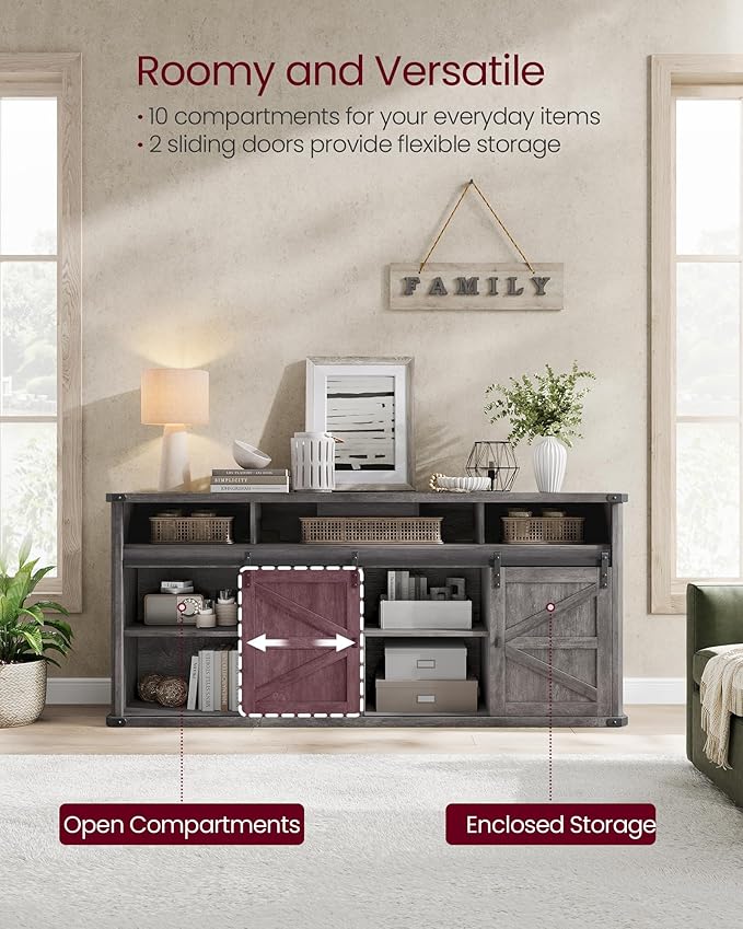 VASAGLE TV Stand for 75 Inch TVs, Farmhouse Entertainment Center With Sliding Barn Doors, Console Table for Living Room, Misty Gray ULTV323G68