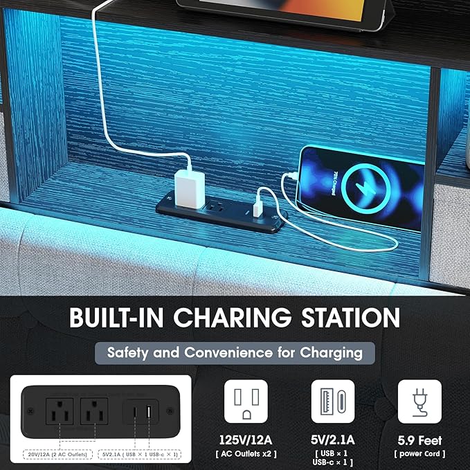 Maupvit Headboard Queen Size with Storage, Queen Headboard Only with 2 Drawers, Charging Station and LED Lights, Upholstered Headboards Easy Assembly, Black&Grey