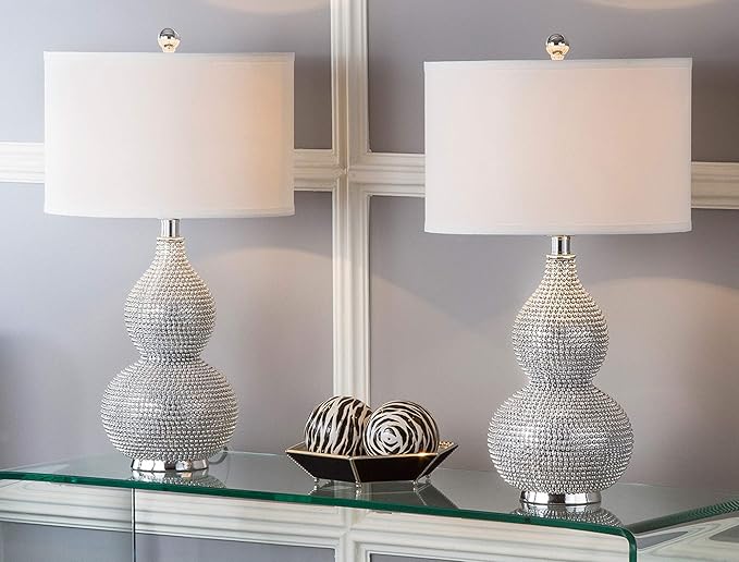 Safavieh Lighting Collection Nicole Bead Base Silver and White Table Lamp, Set of 2