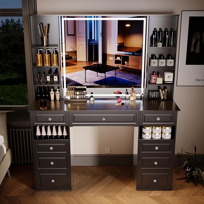 Black Vanity Desk with Lighted Mirror, Large Storage Makeup Vanity with 9 Drawers, Makeup Dressing Table with Crystal Ball Knobs for Bedroom