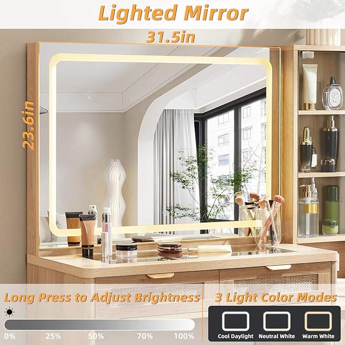 LEYAOYAO Rattan Vanity Desk with Mirror and Lights, 43.5'' Boho Makeup Vanity with 6 Drawers and Adjustable Shelves, Natural Wood Make Up Vanity Dressing Table with Glass Top, Power Outlet for Bedroom
