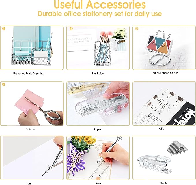 Silver Desk Organizers and Accessories Office Supplies Set Stapler, Pen Holder, Phone Holder, Scissors, Pen, Ruler, 30 Paper Clips, 22 Binder Clip, 20 Tacks and 1000pcs Staples