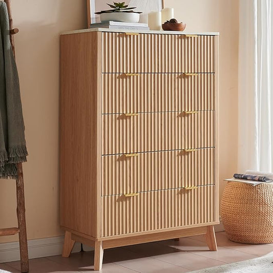 Fluted 5 Drawers Dresser for Bedroom, 48" Tall Modern Chest of Drawers with Metal Handle, Farmhouse Dresser TV Stand, Wood Drawer Organizer for Bedroom, Living Room, Hallway (Natural Oak)
