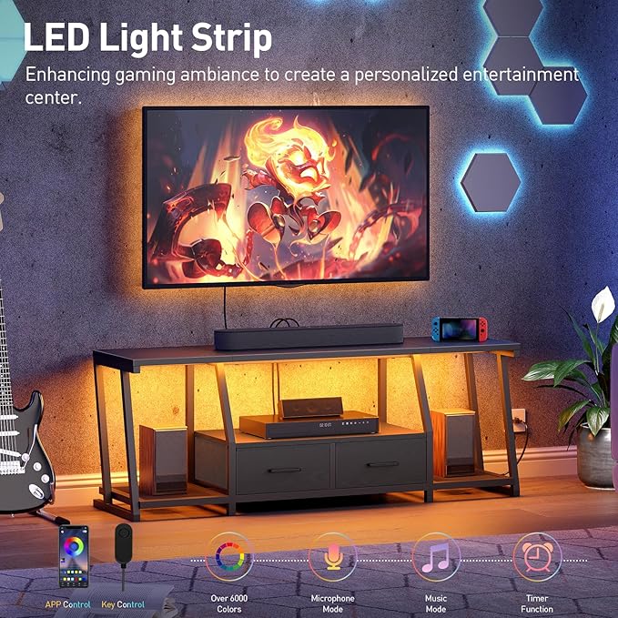 LED TV Stand with Fabric Drawers for 65 Inch TV, Entertainment Center with Power Outlets and Open Storage Shelves, Industrial Media TV Console Table for Living Room, Bedroom, Black