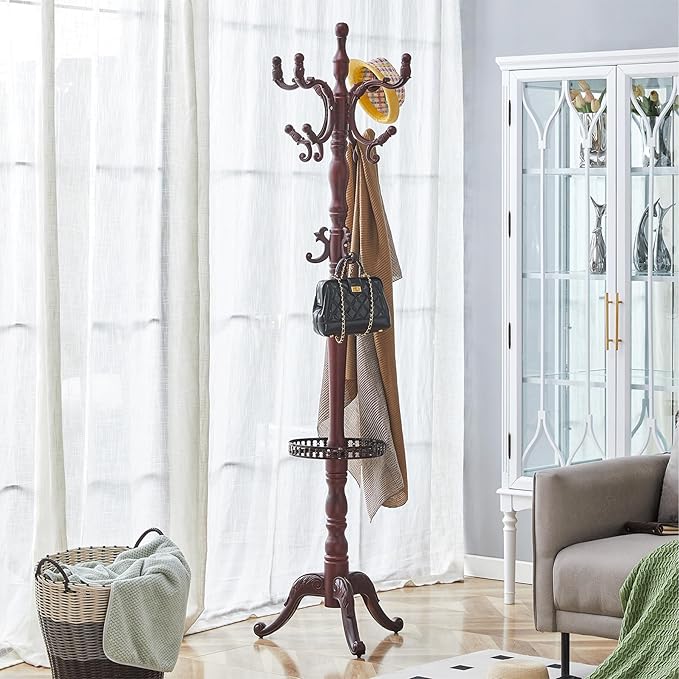 Solid Wood Coat Rack Freestanding, 77" Adjustable Hall Tree Hanger With Hooks, Coat Hanger Stand for Hanging Clothes Bags Hats in Living Room Bedroom
