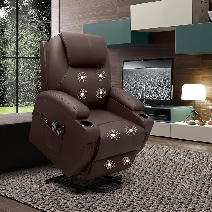 VICTONE Electric Power Lift Recliner Chair for Elderly Reclining Sofa for Living Room with Massage, Side Pockets and Cup Holders (Leather, Brown)
