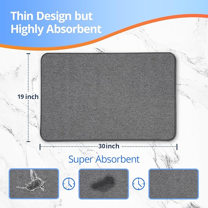 Thin Bathroom Rugs, Bath Mat Super Absorbent, Bath Rugs Rubber Backing Non-Slip, Quick Dry Machine Washable, Cozy Cloth Bathroom Mat fit Under Door/Bathtub/Sink/Shower/Kids 19''x30''-Dark Grey