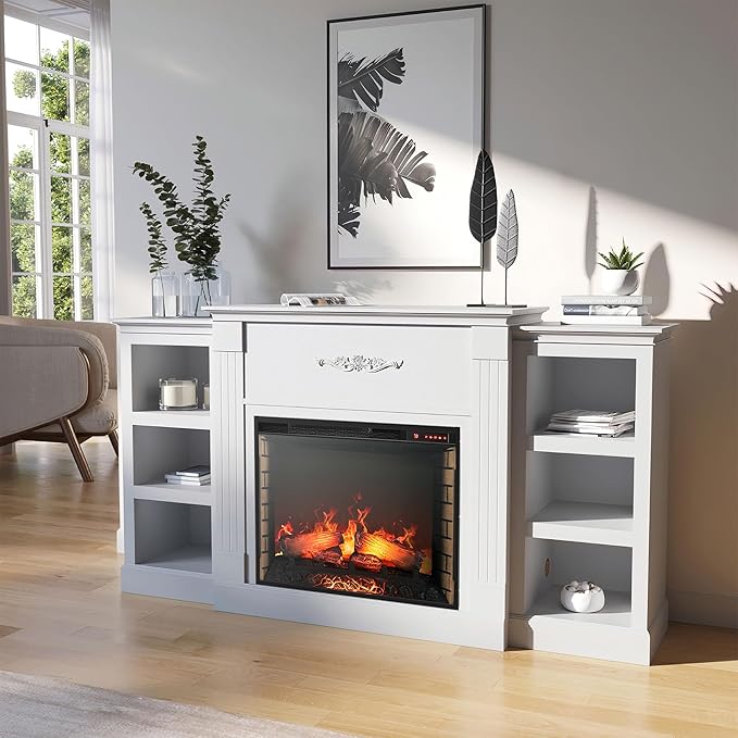 BELLEZE Modern 70" Electric Fireplace Heater Mantel TV Stand & Media Entertainment Center for TVs up to 68" with Energy-Efficient Heater with Sound and Side Book Shelves - Lenore (White)