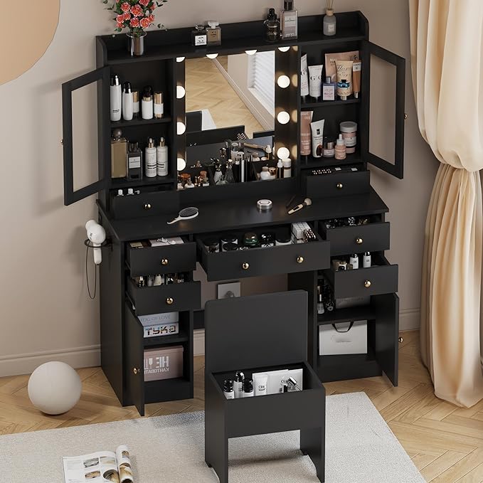 Vanity Desk with Mirror and Lights, Black Vanity Mirror with Lights Desk and Chair & Charging Station, Makeup Vanity with Lighted Mirror for Women Bedroom 3 Color Modes Adjustable