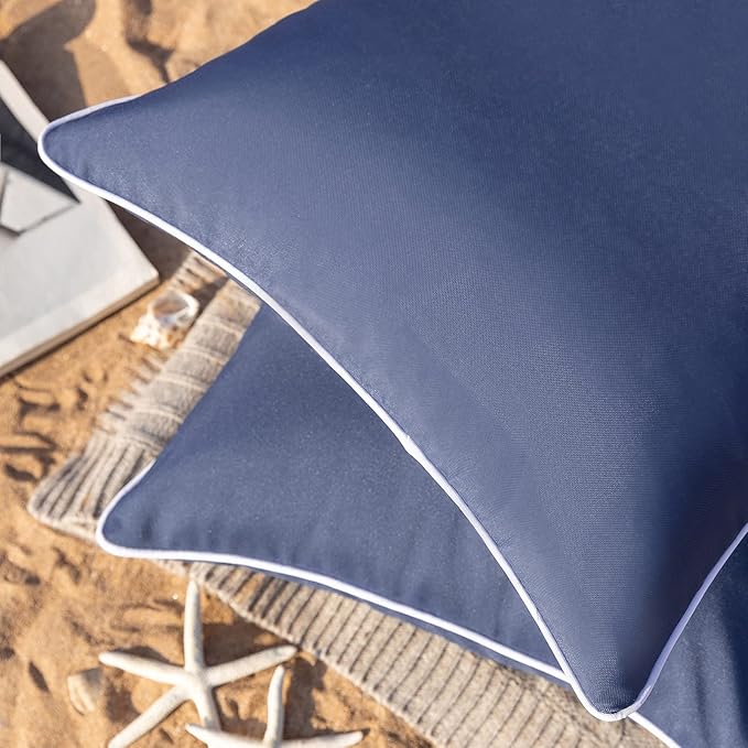 Phantoscope Pack of 2 Outdoor Waterproof Throw Pillow Covers with Contrast Piping, Decorative Square Cushion Case Patio Pillows for Couch Tent Sunbrella, Dark Blue 18x18 inches