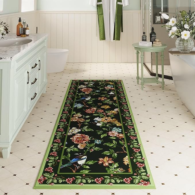 Runner Rug for Kitchen 2'6"x8' Washable Rugs with Rubber Backing Soft Floral Bird Magpies Floral Animal Carpet Runner for Kitchen, Laundry, Bedroom, Bathroom (Green)