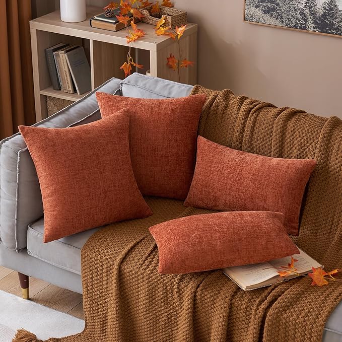MIULEE Fall Pack of 2 Couch Throw Pillow Covers 20x20 Inch Soft Burnt Orange Chenille Pillow Covers for Sofa Living Room Solid Dyed Pillow Cases