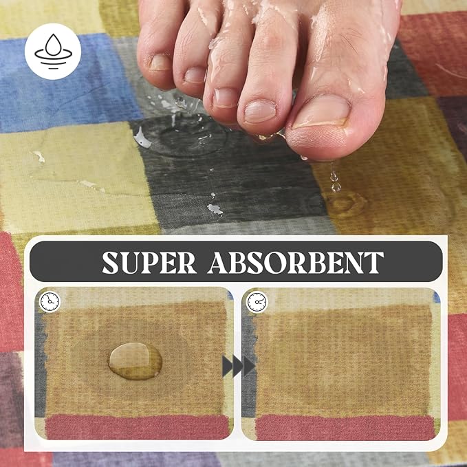 MontVoo -Bath Mat-Non Slip Thin Bathroom Rugs Fit Under Door- Quick Dry Absorbent Faux Suede Surface Grey Bathroom Floor Mats-Shower Rug for in Front of Bathtub Shower Retro Colors Plaid 17x27.5