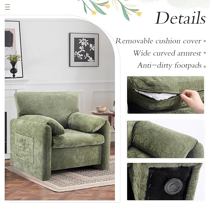 39" Modern Chenille Oversized Armchair,Wide Accent Chair, Mid Century Single Sofa Chairs, Comfy Upholstered Reading Chair for Living Room, Bedroom, and Apartment (Green)