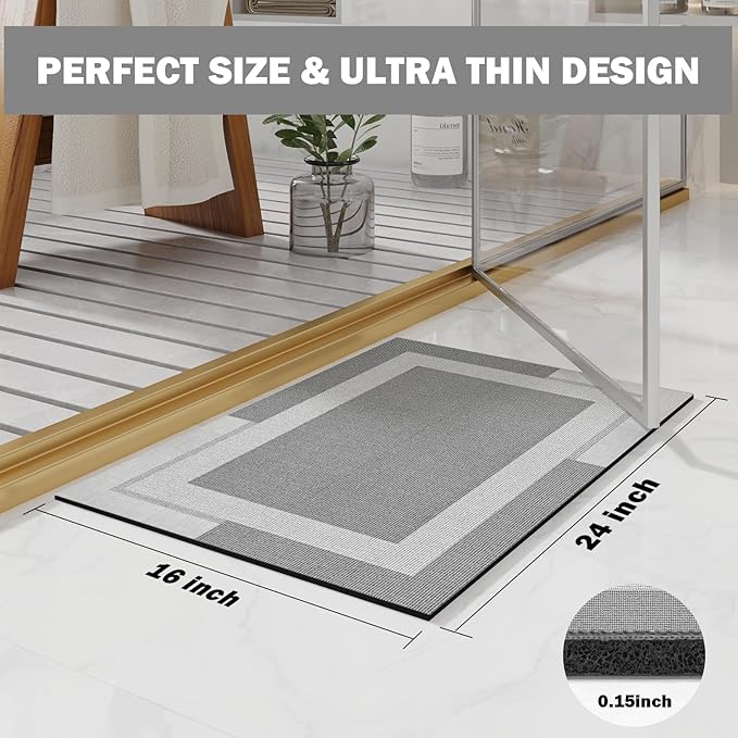 Non Slip Bath Mat, Rubber Backing Ultra Thin Bathroom Rugs Fit Under Door Quick Dry Super Absorbent Washable Bath Rug Shower Mat for Bathroom Floor Bathtub Shower Sink, Easy Care Gray 16"x 24"
