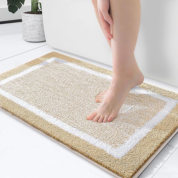 OLANLY Bathroom Rugs 24x16, Extra Soft and Absorbent Microfiber Bath Mat, Non-Slip, Machine Washable, Quick Dry Shaggy Bath Carpet, Suitable for Bathroom Floor, Tub, Shower (Small, Light Beige)