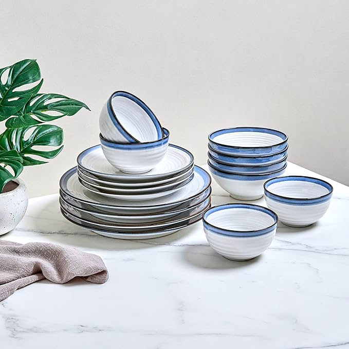 Sango Siterra Santorini 16-Piece White Stoneware Dinnerware Set – Service for 4, Plate & Bowl Set, Rustic White with Reactive Blue Glaze, for Daily Dining & Entertainment, Microwave & Dishwasher Safe