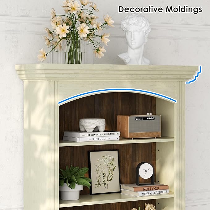71’’ Tall Arched Bookcase with Stroage of 2 pcs, Farmhouse 5-Tier Arch Bookshelf with Drawers, Freestanding Book Shelf with Adjustable Shelf and Roman Column Pattern for Home Office (2, White)