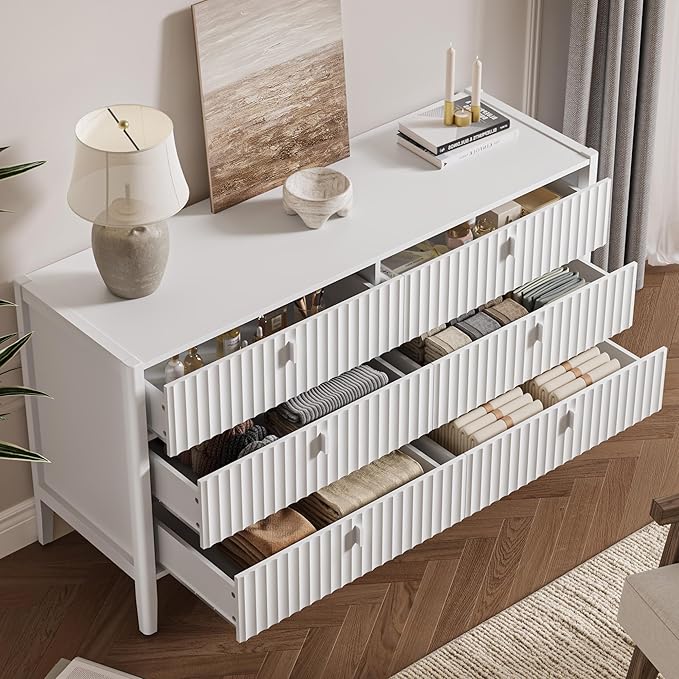 White 6 Drawer Dresser for Bedroom, Modern Wood Dresser, Fluted Design Double Chest of Drawers with Wood Legs, TV Stand Storage Cabinet for Bedroom, Living Rooms, Offices, and Entryways